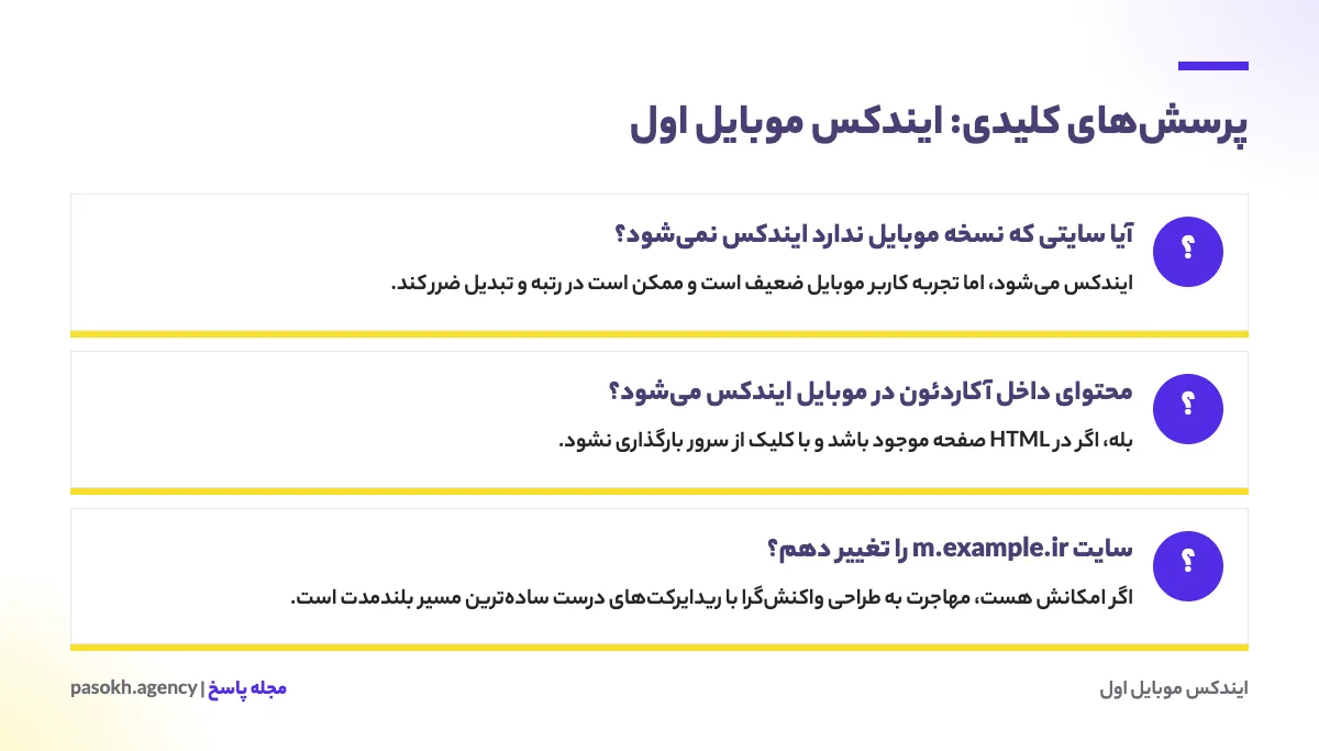 کارت پرسشهای کلیدی درباره ایندکس موبایل اول با پاسخ کوتاه هر پرسش