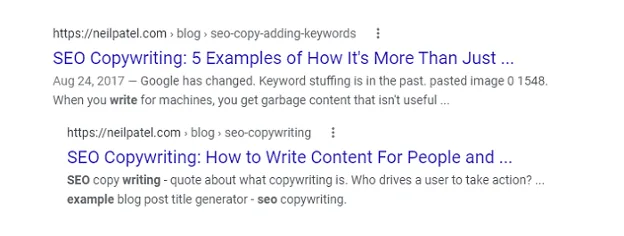 دو صفحه از یک سایت در نتایج جستجوی SEO copywriting